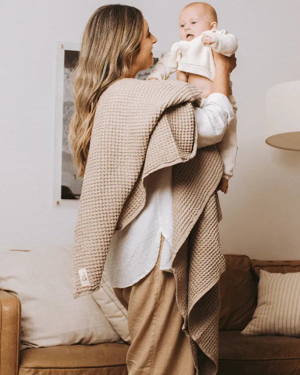 Little Fishies Waffle Blanket - Warm Taupe