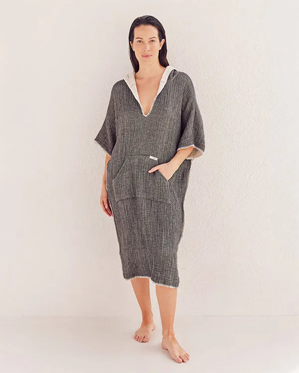 Falta Gauze Hooded Poncho - Black